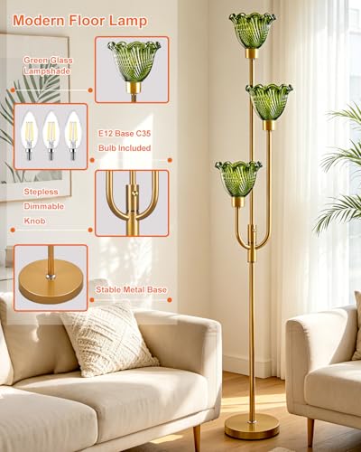 Glass Floor Lamp 66IN 3-Light Modern Green Glass Gold Dimmable Floor Lamps - color: Green Flower-Gold