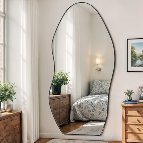 Antok Irregular Full Length Mirror, 81"x41" Asymmetrical Floor Mirror with Stand, Standing Hanging Leaning Irregular Mirrors for Bedroom Living Room Entryway, Wavy Shaped, Black - color: Black, size: 81"L x 41"W, style: Wavy Shaped Style
