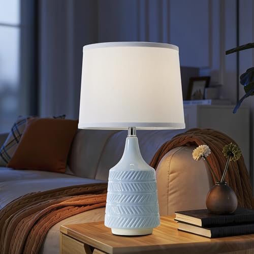Sky Blue Ceramic Table Lamps Set of 2, 18.5" Modern Bedside Lamps for Night Stands, Classic Small Lamps for Living Room End Tables, Farmhouse Boho Lamp for Bedroom Office, LED Bulbs Included - color: Sky Blue