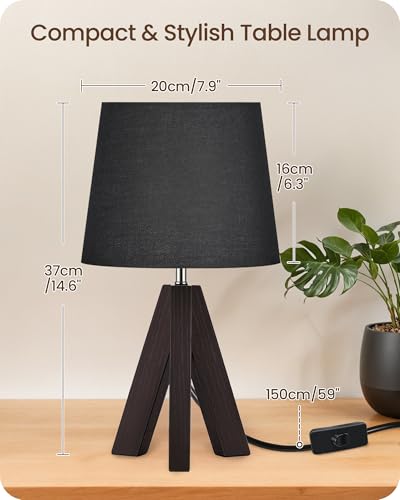 Small Table Lamp for Bedroom, 14.6" Bedside Lamp with Black Linen Shade & Walnut Wood Tripod Base, Modern Nightstand Lamp, Blak Lamp for Living Room, Nursery, Entryway, E26 Socket, VB51TL05 - color: Black+Dark Walnut