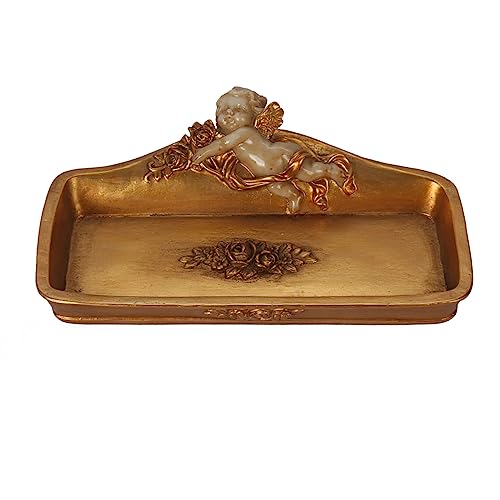 S-MANTIS Vintage Tray Antique Trinket Dish, Small Rectangular, Ring Holder With Cherub and Floral Design,Jewelry Or Cosmetics Makeup Storage Organizer,Gift,Aesthetic Room Decor (Ivory and Gold-Cherub) - color: Ivory and Gold-angel