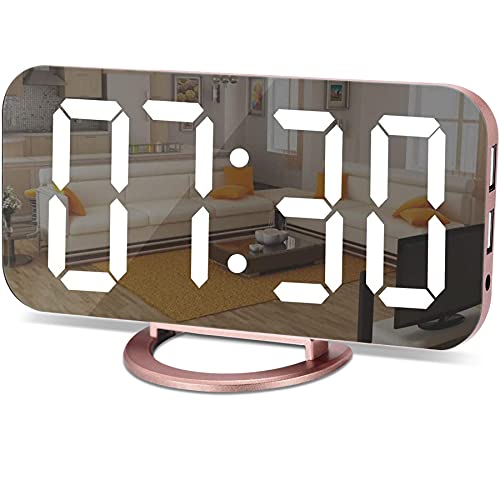 SZELAM Alarm Clock for Bedroom,LED and Mirror Digital Clock Large Display,with Dual USB Charger Ports,Auto Dim,Snooze Mode,Modern Desk/Wall Electronic Clock for Girl Woman Mom Teens - Rose Gold - color: Rose Gold