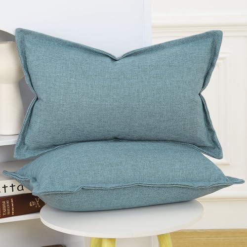 MADIZZ Pack of 2 Faux Rustic Linen Throw Pillow Covers with Flange Edge Soft Boho Natural Decorative Pillowcases for Sofa Living Room Modern Throw Pillows for Bed 12x20 Inch Blue - color: Blue, size: 20" x 12" (Pack of 2)