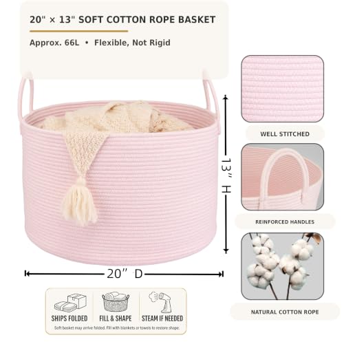 XUANGUO 66L Large Blanket Basket, Round Cotton Rope Basket, Light Pink - color: pink