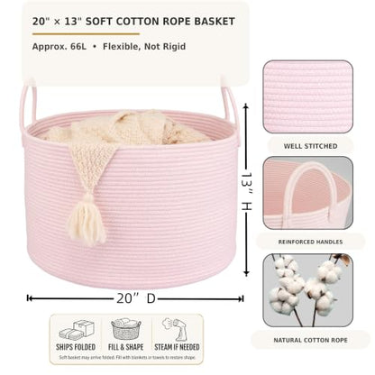 XUANGUO 66L Large Blanket Basket, Round Cotton Rope Basket, Light Pink - color: pink