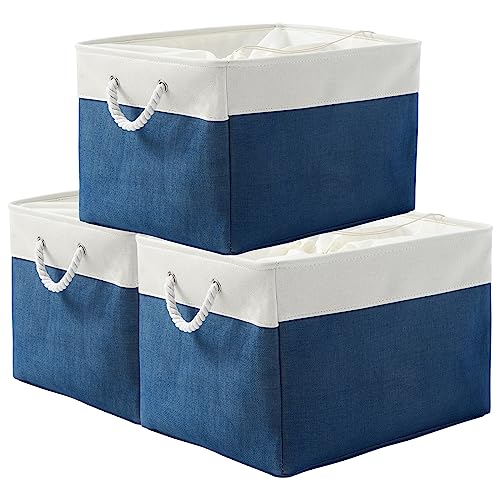 TheWarmHome Organization and Storage Basket for Shelves - Jumbo 3 Pack 20x16x14 inch Collapsible Storage Bins for Organizing, Canves Storage Cubes for Gift Organizer Toys Closet (White & Jean Blue) - color: White & Blue, size: 3PCS/Extra Jumbo - 20.5Lx15.