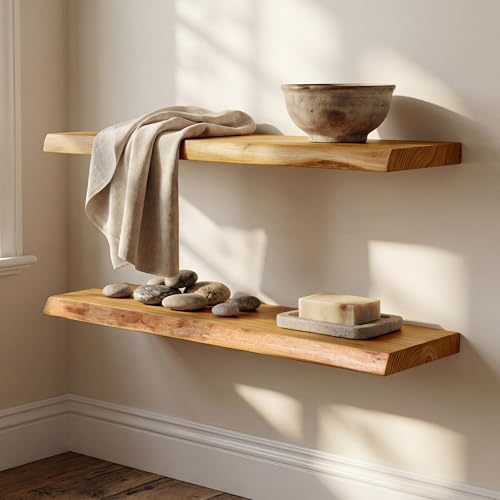 36 Inch Live Edge Floating Shelves, Solid Elm Wood Shelf, Set of 2 - color: Artisan Natural, size: 36 Inch | 2 Pack