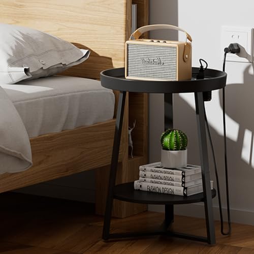 Gadroad Round End Table with Charging Station, Black - color: Black, size: 15.75"D x 15.75"W x 23"H (with Charging Station)