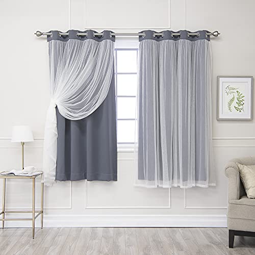 Best Home Fashion Set of 2 Lace Tulle Overlay Thermal Insulated Solid Blackout, Stainless Steel Nickel Grommet Window Panels for Bedroom, Living Room, Dining Room - 52" W x 63" L, Stone - color: Stone, size: 52"W x 63"L (Pack of 2)