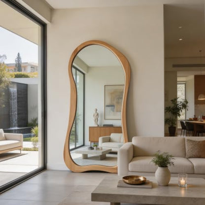 71"x33.5" Irregular Full Length Mirror with Solid Wood Frame - color: Natural Wood Frame, size: 71"L x 33.5"W