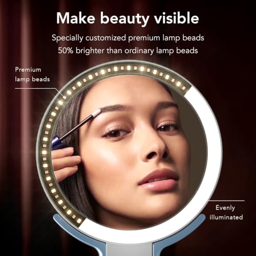 LitBear Travel Makeup Mirror with Lights, Rechargeable Double-Sided 10X/1X Magnifying Mirror, Portable Lighted Beauty Mirrors, 3 Color Lighting, Dimmable Touch Screen, Tabletop Handhold Hanging (Blue) - color: White Blue