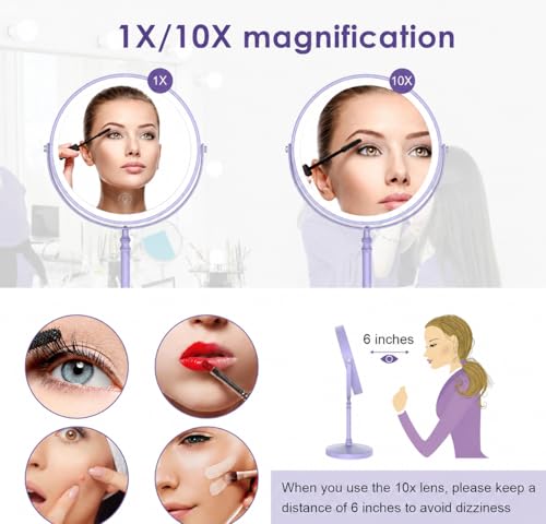 DEIOVWXS Makeup Mirror, Rechargeable Vanity Mirror with 3 Lights, 1X/10X - color: Purple