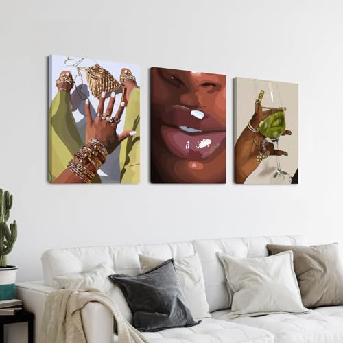 Hianan Wrapped Canvas Fashion Black Woman Wall Art Set of 3, 16x24 in - color: Yellow-Green, size: 24"L x 16"W