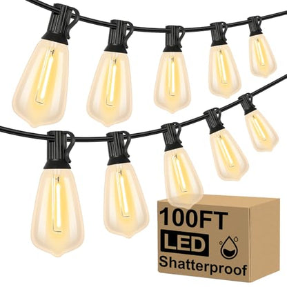 Brightever 100FT Outdoor String Lights 52 Bulbs, 2200K Amber Lights - color: Black Wire Amber White, size: 100FT