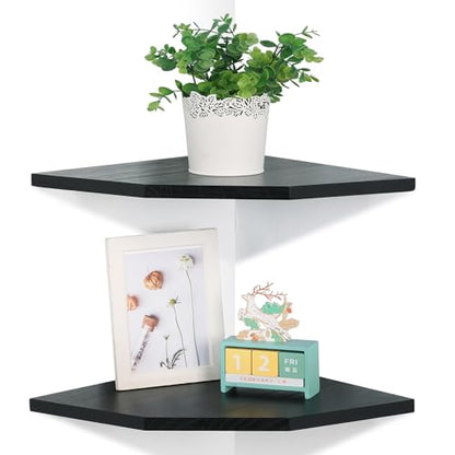 Joiishom Wood Corner Wall Shelves Set of 2, Solid Wood Corner Floating Shelves, Round End Wall Mounted Floating Corner Shelf for Bedroom, Living Room and Kitchen (Black-12 inch) - size: Black-12 inch