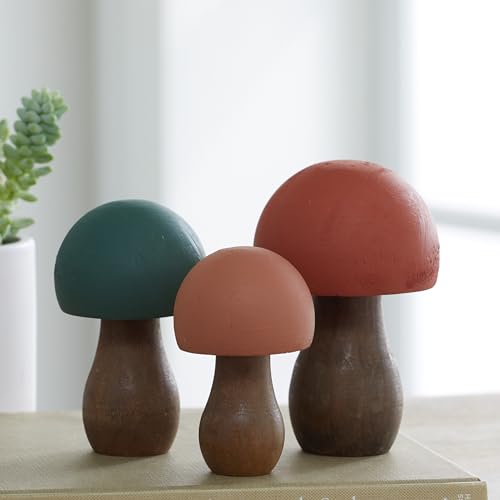 Wood Mushrooms, Set of 3, Green Orange (Forest Paint 3) - color: Forest 3