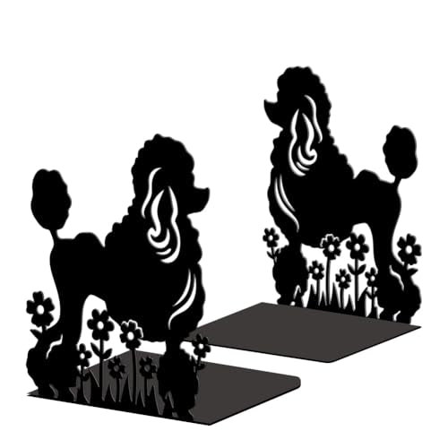 Peacoblue 5.3"x4.3"x6.5" Metal Bookends, Heavy Duty Book Ends for Shelves - style: Poodle Dog and Flowers
