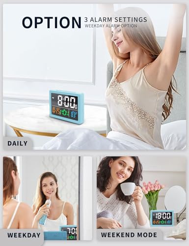 JALL Digital Clock with Date Day for Seniors, Electric Alarm Clocks for Bedrooms with Temperature, 2 Alarms, Dimmer, Dual USB Charger, Battery Backup, Volume Control, Snooze, Bedside Desk Clock, Blue - color: Blue