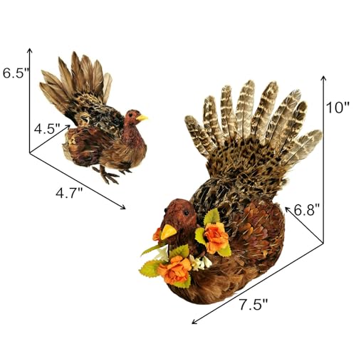 naturevibe 10/6.5 Inch Set of 2 Thanksgiving Feathered Turkey Decorations - style: Turkey Family-Set of 2