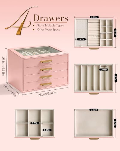 Homeanda Jewelry Boxes Organizer with Glass Lid, 4-Layer PU Leather, Pink - color: Mauve Pink, size: 4 Layer