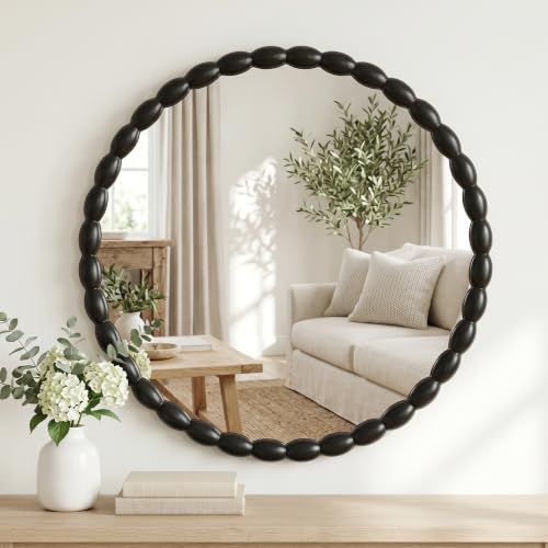 30"x30" Round Solid Wood Farmhouse Decorative Wall Mirror - color: Beaded-black, size: 30"L x 30"W
