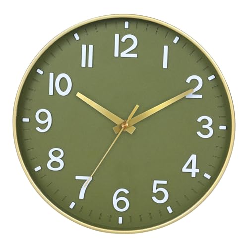 10 Inch Wall Clock Battery Operated Silent Non Ticking Clock Green Gold Modern Round Wall Clock with 3D Numbers Decorative for Kitchen Bedroom Living Room Office Classroom - color: Olive Green, size: 10 inch