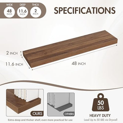 Acovy 48 Inch Floating Shelves, 12" Deep Floating Shelf Wall Mounted, 48" Wall Shelves, Rustic Deep Bookshelf, Extra Deeper & Thicker Display Shelves for Bedroom, Living Room, Walnut, Set of 2 - color: Walnut, size: 12"Wx48"L-2pcs