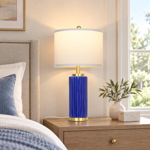 JUNNAI 25'' Navy Blue Ceramic Table Lamp, 3 Color Temperature Bulb Included - color: Navy Blue-25"