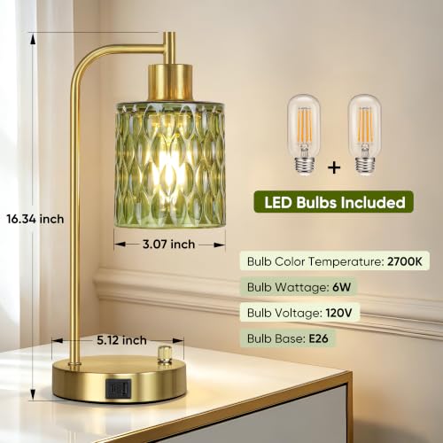 Table Lamps Set of 2, Green Glass Dimmable Bedside Lamps for Living Room - color: Gold&Green-3