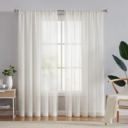 FMFUNCTEX Beige Linen Sheer Curtains, 96 Inches, 2 Panels for Bedroom - color: Rod Pocket| Natural, size: 52"W x 96"L (Pack of 2)