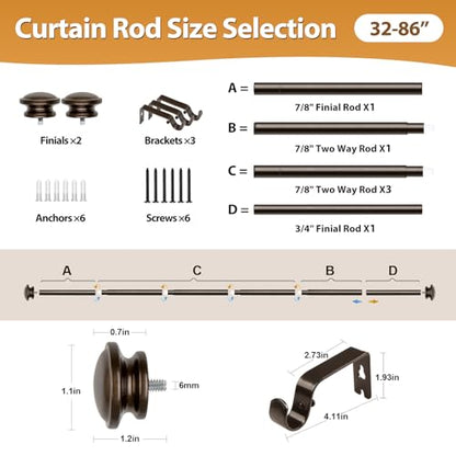 TONIAL Bronze Curtain Rods for Windows 2 Pack, 32 to 86 Inch, Drapery Rod - color: Bronze, size: 32-86"(2 Pack)