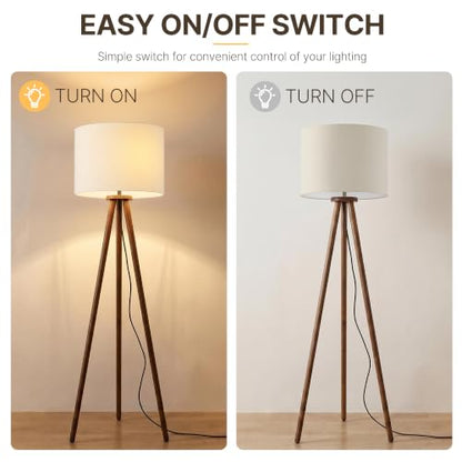 Buruis 60.6 Inch Walnut Wood Tripod Floor Lamp with Linen Drum Shade, Beige - color: Beige