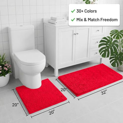 Bathroom Rugs Sets 2 Piece,Super Absorbent Chenille Bath Mats and U-Shaped Toilet Rug,Strong PVC Non Slip Backing,Microfiber Washable Dry Quickly Bath Mats for Bathroom(20"x32"+20"x20"U, Red) - color: Red