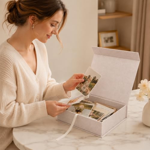 Linen Photo Box, 8×10 Memory Box for Keepsakes Photo Storage Boxes with Lids Stackable for Storing Photos, Postcards, Handwritten Letters, Drawer and Tabletop Organizer, 11.1×8.9×2.5 Inch
