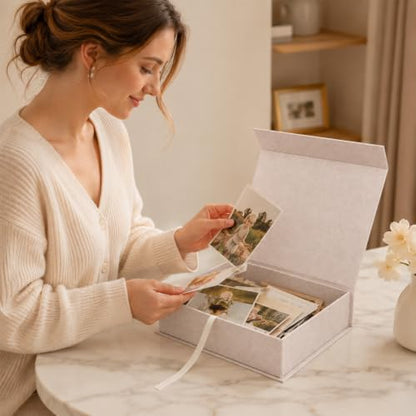 Linen Photo Box, 8×10 Memory Box for Keepsakes Photo Storage Boxes with Lids Stackable for Storing Photos, Postcards, Handwritten Letters, Drawer and Tabletop Organizer, 11.1×8.9×2.5 Inch