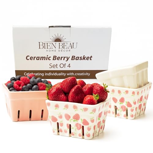 BIEN BEAU Pink Ceramic Berry Bowl with Colander,Set of 4 Strawberry Baskets - color: White,Pink