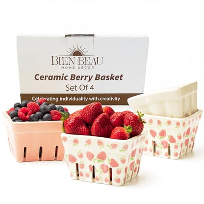 BIEN BEAU Pink Ceramic Berry Bowl with Colander,Set of 4 Strawberry Baskets - color: White,Pink