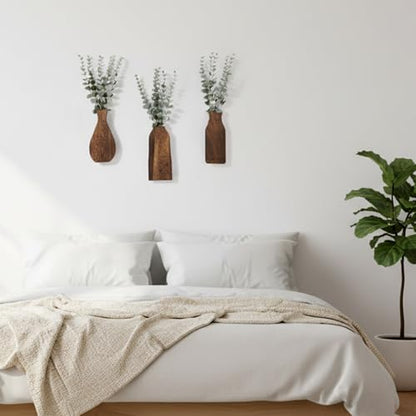 Kathfly 3pcs Wooden Wall Planter Vase with 3pcs Artificial Eucalyptus Boho Hanging Planter for Indoor Plants Wood Wall Art Decor Modern Farmhouse Entryway Bathroom Decor