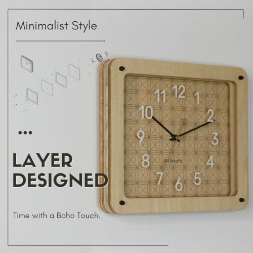 DODEKA Rectangle Wall Clock Layered Wooden Design Bohemian Geometric Pattern Silent Battery Operated for Workplace Kitchen Bedroom Living Room (Rectangular)