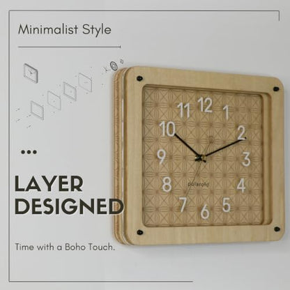 DODEKA Rectangle Wall Clock Layered Wooden Design Bohemian Geometric Pattern Silent Battery Operated for Workplace Kitchen Bedroom Living Room (Rectangular)