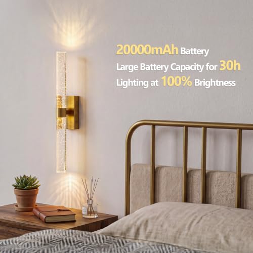 Battery Operated Wall Sconces Set of 2, 20000mAh Rechargeable Wall Light | Remote Control,3000K-6000K Dimmable LED Wireless Sconces,Gold,20.9 Inch - color: Gold, size: 20.9 Inch