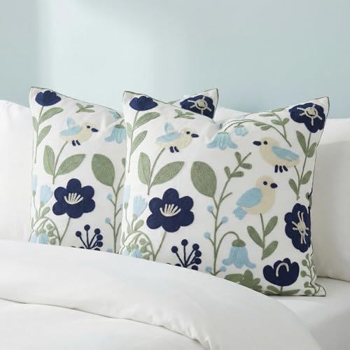 Navy Blue Bird Floral Embroidered Pillow Covers 20x20 Set of 2 - color: Navy Blue Green, size: 20" x 20" (Pack of 2)