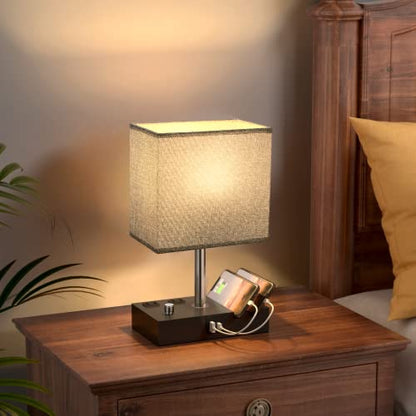 Bedside Table Lamp for Bedroom Nightstand - Stepless Dimmable, 2 AC Outlets - color: Wood Grain, size: 1 Pack