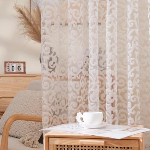 NAPEARL Sheer White Curtains Set of 2 Panels, Jacquard Sheer Curtains for Living Room, Organza Transparent Rod Pocket Window Drapes - color: White Scroll, size: 52"W x 96"L (Pack of 2)