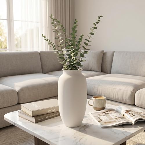 11 inch Tall Handcrafted Large White Ceramic Vase for Flowers, Home Decor - size: 11”H × 6”W