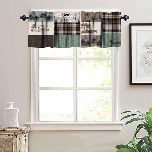 Rustic Lodge Window Valance Retro Bear Deer Country Farmhouse Buffalo Plaid Short Curtains Rod Pocket Drapes Dining Room Bedroom Kitchen Living Room Office Drapes, 54x18in - color: Style-16, size: 54"W x 18"L (Pack of 1)