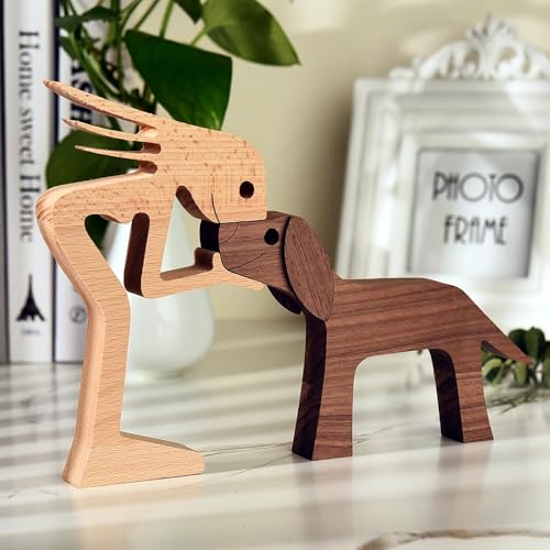 Unique Gift Hand Carved Wood Human Statue Figurine Sculpture Home Office Decor, Wooden Man Dog Carving Model to Remember Friendship Between Dog and People - color: B