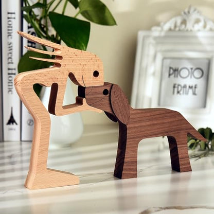 Unique Gift Hand Carved Wood Human Statue Figurine Sculpture Home Office Decor, Wooden Man Dog Carving Model to Remember Friendship Between Dog and People - color: B