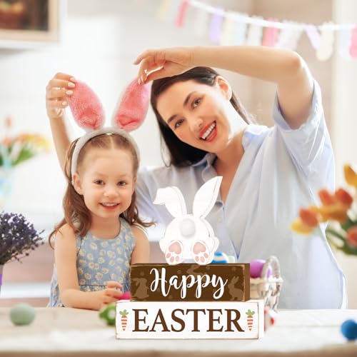 Happy Easter Bunny Table Sign Decorations, Easter Wooden Block Tabletop Centerpiece Signs, Rustic Farmhouse Spring Bunny Holiday Decorations for Tiered Tray Home Decor 3 Layered