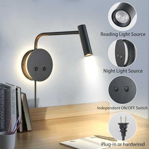 Matte Black Wall Mounted Reading Light, 3000K Flexible Headboard Reading Sconces with On Off Switch Control, Plug in/Hardwired Wall Light Fixtures with Night Light for Bedside Bedroom Bunk - color: Black-1Pack